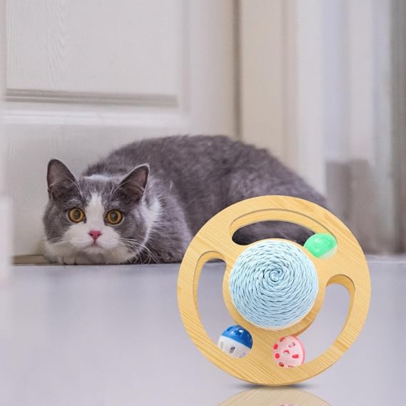 Sisal Ball Cat Toy | Space Asteroid Sisal Rolling Ball Cat Toy | Cat Moving Toy With Turntable Track Three Bell Balls For Grinding Claws