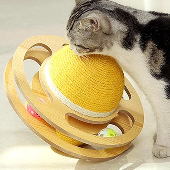 Sisal Ball Cat Toy | Space Asteroid Sisal Rolling Ball Cat Toy | Cat Moving Toy With Turntable Track Three Bell Balls For Grinding Claws