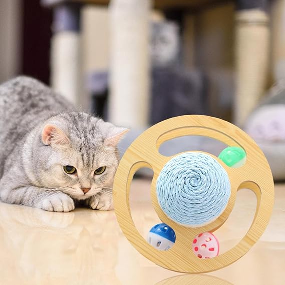 Sisal Ball Cat Toy | Space Asteroid Sisal Rolling Ball Cat Toy | Cat Moving Toy With Turntable Track Three Bell Balls For Grinding Claws