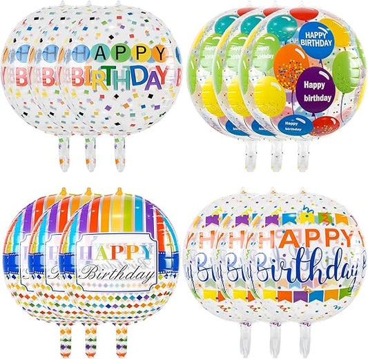 Happy Birthday Balloons Round 4D Birthday Balloon Rainbow Helium Foil Colorful Confetti Balloons for Anniversary Party Decorations,12 Pcs