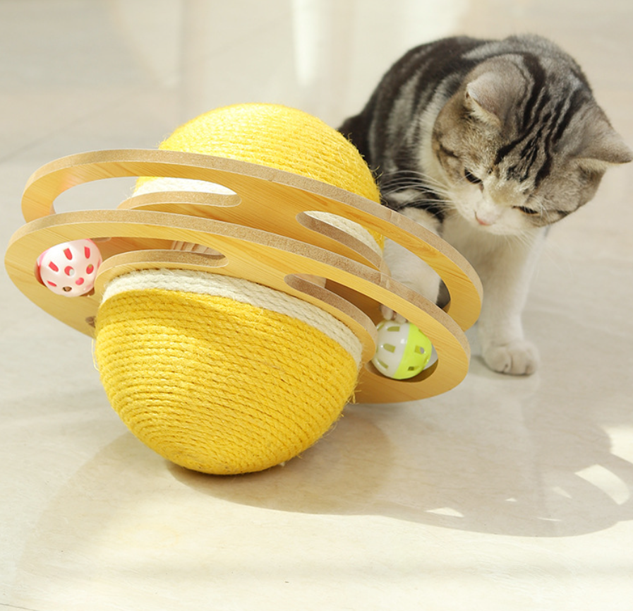 Sisal Ball Cat Toy | Space Asteroid Sisal Rolling Ball Cat Toy | Cat Moving Toy With Turntable Track Three Bell Balls For Grinding Claws