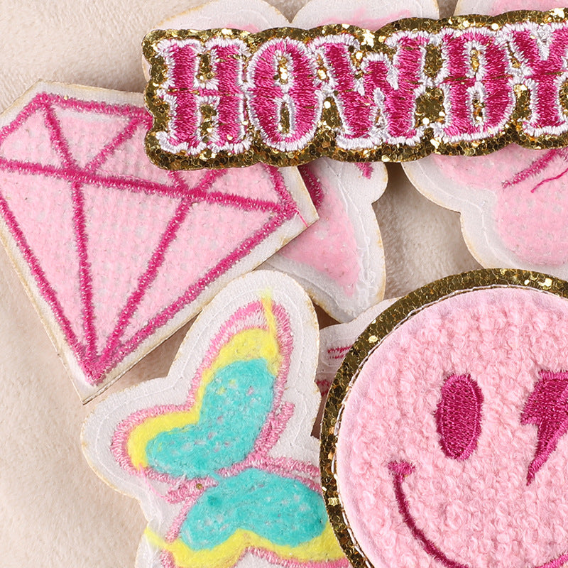 Pink Collection Chenille Glitter Fabric Iron-on Patches Chenille Patches