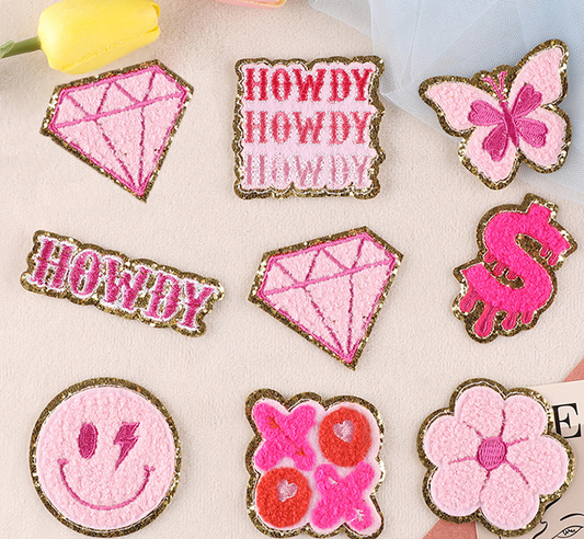 Pink Collection Chenille Glitter Fabric Iron-on Patches Chenille Patches