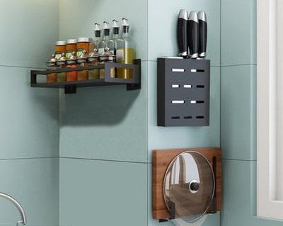 Non-perforated household kitchen pot rack wall-mounted kitchen utensil storage rack stainless steel cutting board rack black cutting board rack